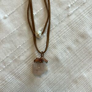 EUC women’s necklace with leader cord, crystal, and saltwater pearl.  18” long